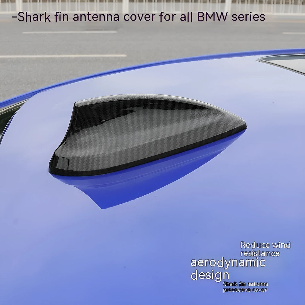 BMW shark fin antenna cover in carbon fibre pattern and piano black finish options.