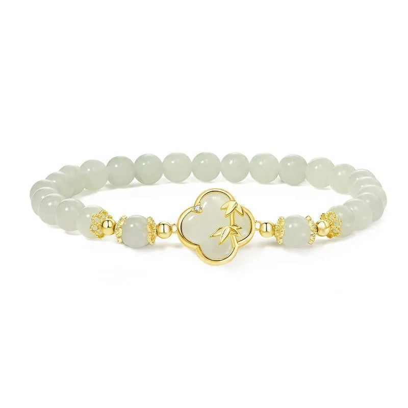 Hetian jade bracelet and necklace set with silver leaf inlay in national style design