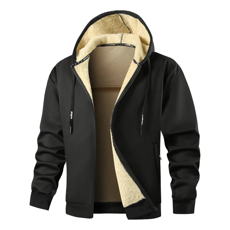 Men's fleece-lined hooded sweatshirt in loose cardigan style with side pockets, black colour
