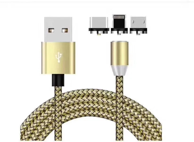 Magnetic three-in-one charging cable for Android, Type C, and Apple devices in black, silver, red, or gold