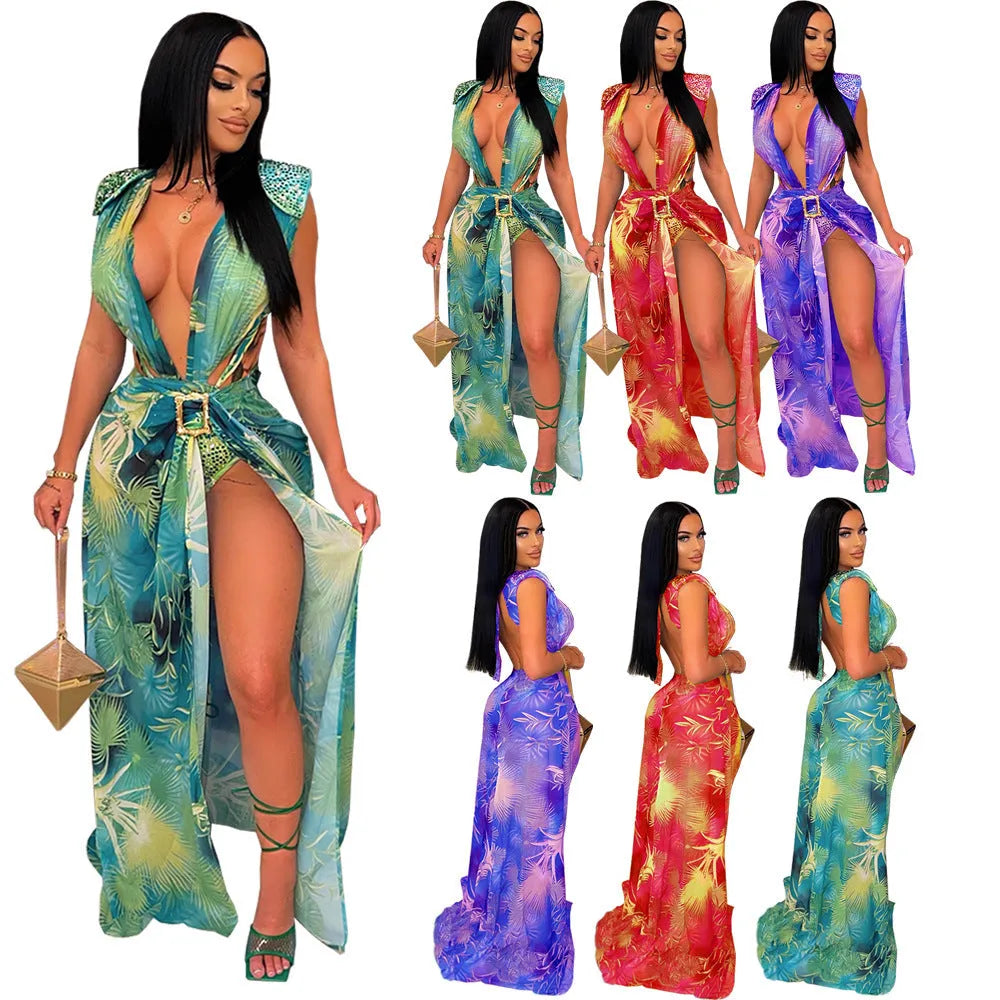 Women's sleeveless cardigan printed swimsuit two-piece set with long straight skirt in acetate fibre, British style