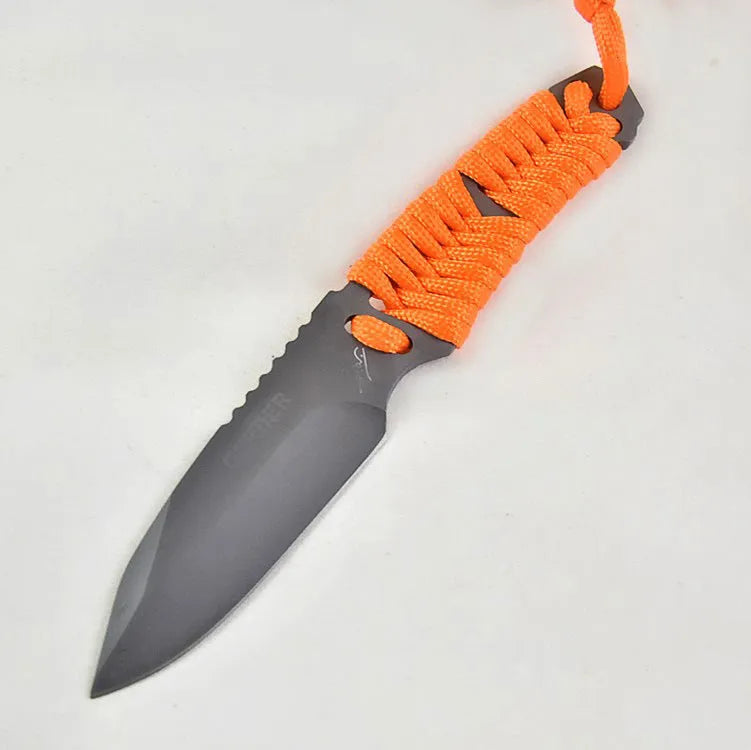 BG197 fixed blade camping survival knife with straight blade, rope-wrapped handle, and black ABS plastic sheath.