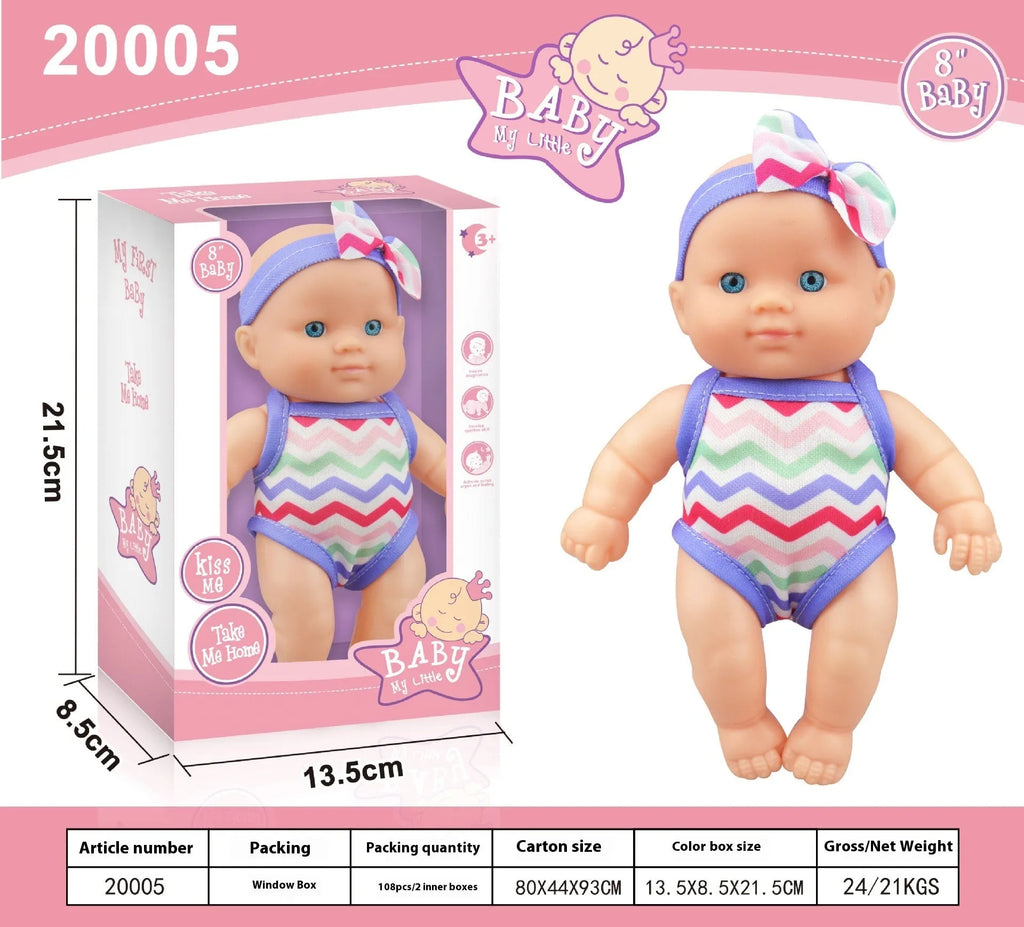 A 21.5cm tall vinyl baby figurine doll, a decorative model available in six different colour options.