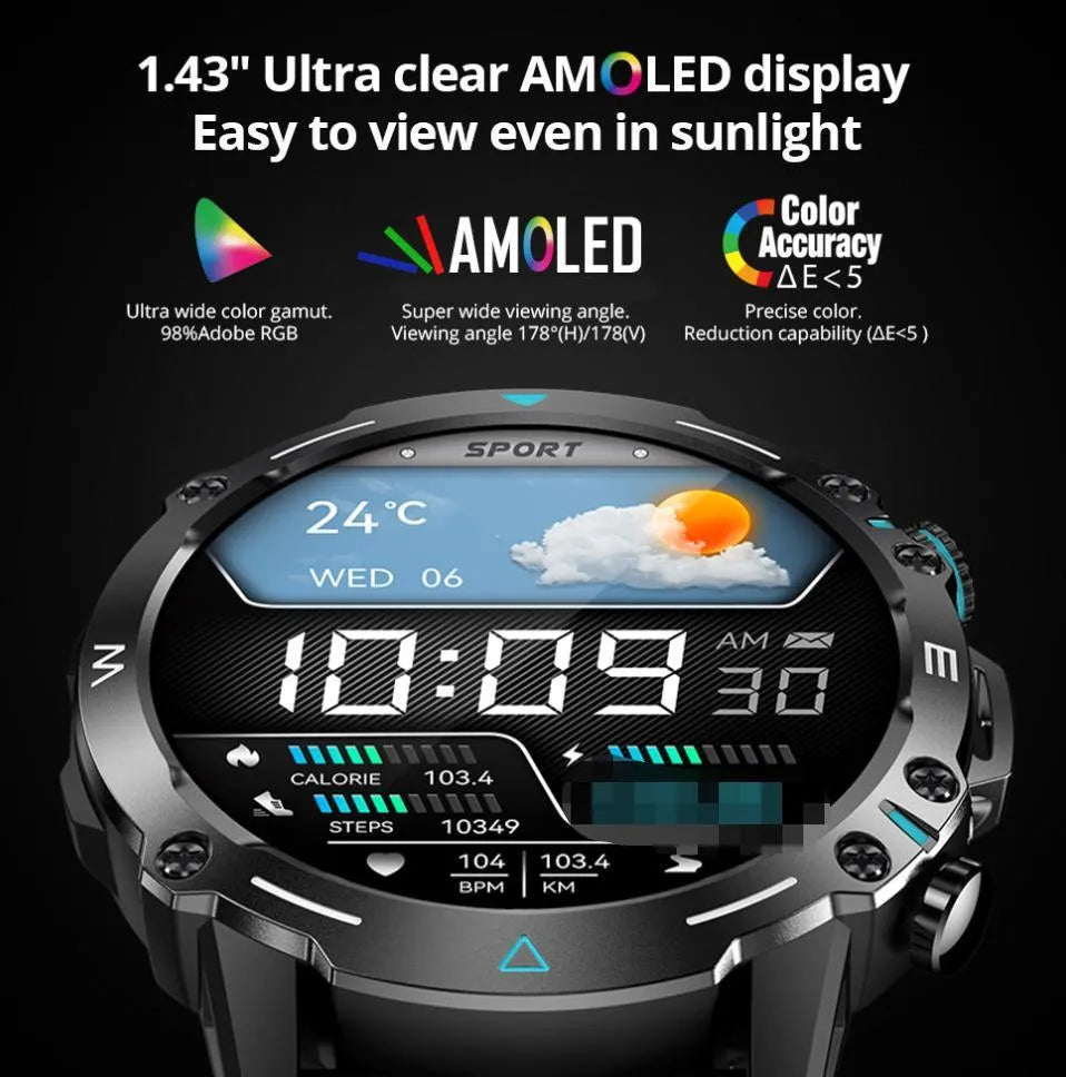 M42 smart watch in black on a wrist, showing its AMOLED screen displaying health metrics.