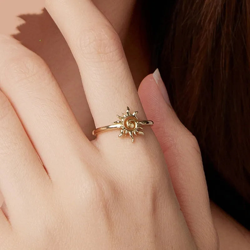 S925 sterling silver 14K gold plated sun open ring for women, adjustable size, BSR709-E finish