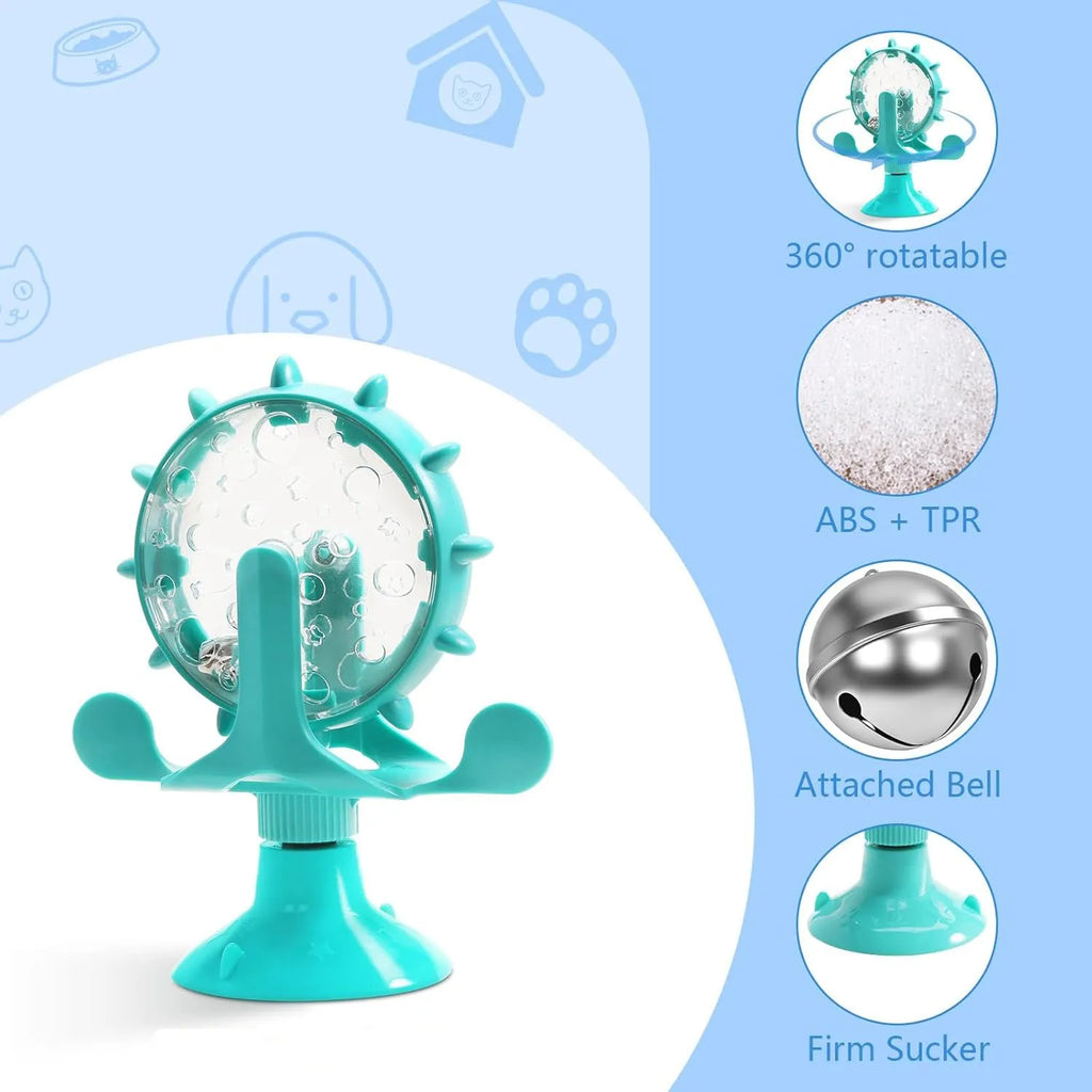 Interactive pet slow feeder toy with spinner design in blue, green, red or yellow colours