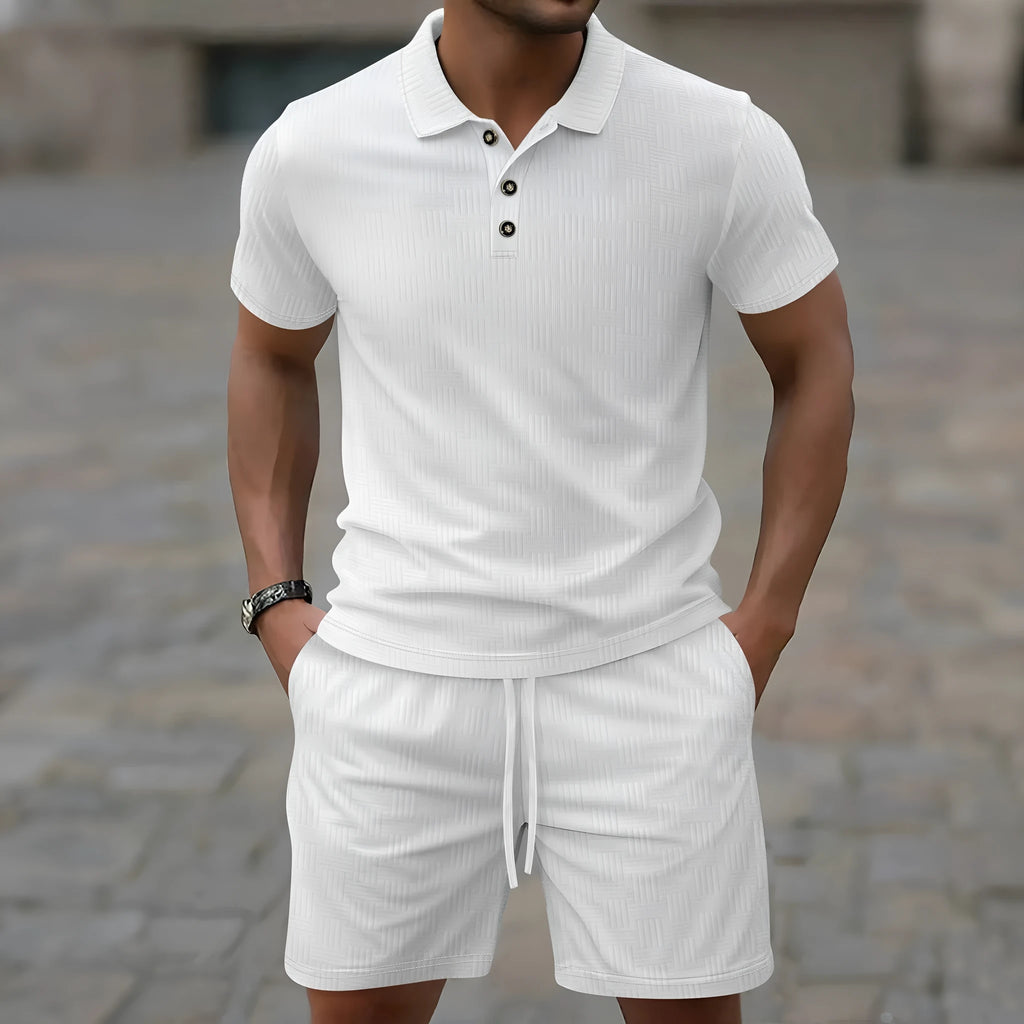 Men's solid colour jacquard casual short sleeve suit with matching shorts in leisure setting