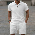 Men's solid colour jacquard casual short sleeve suit with matching shorts in leisure setting