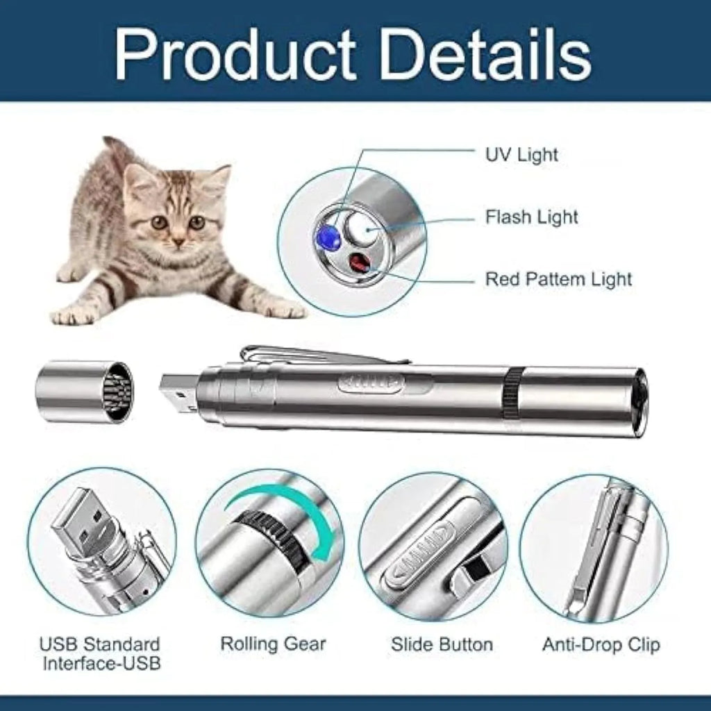 Silver aluminium alloy cat laser pointer toy with USB charging port and pattern selection