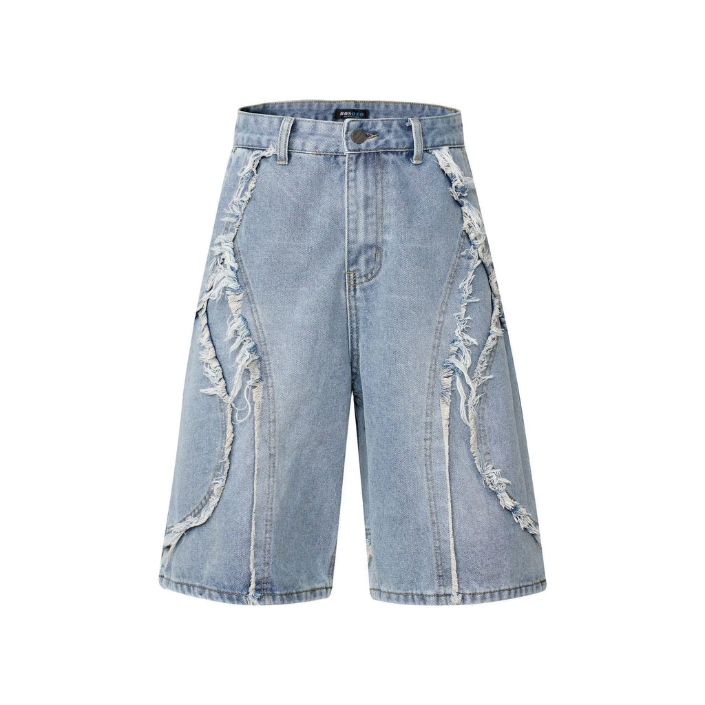 Pu Shuai men's distressed raw edge denim shorts in straight leg cropped cut on a solid background