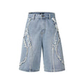 Pu Shuai men's distressed raw edge denim shorts in straight leg cropped cut on a solid background