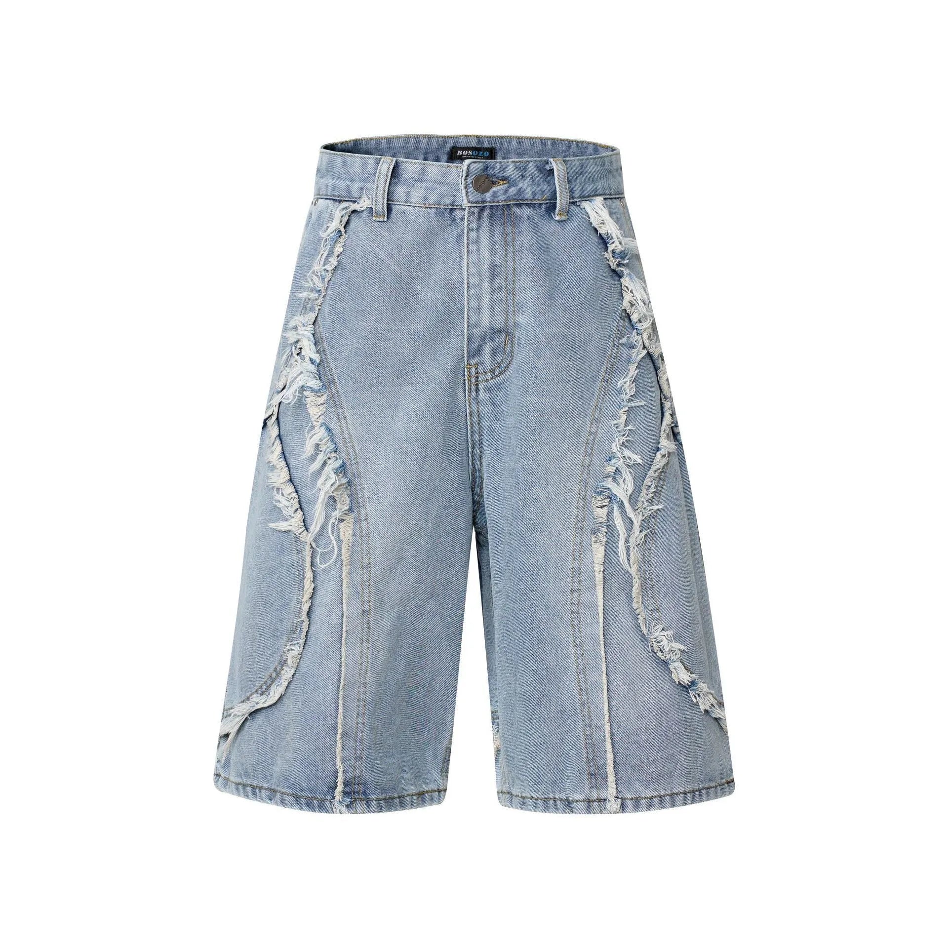 Pu Shuai men's distressed raw edge denim shorts in straight leg cropped cut on a solid background