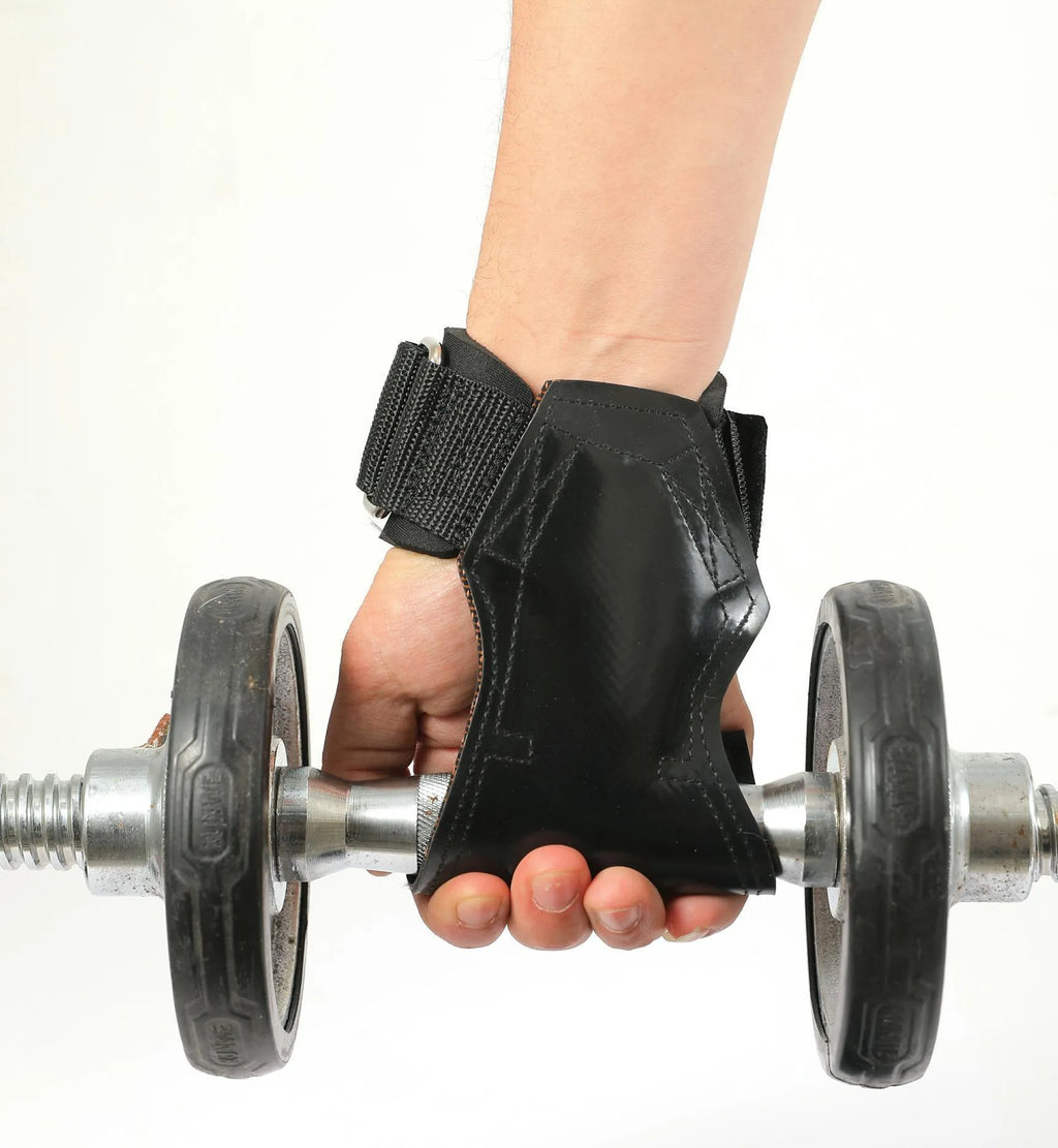 A pair of black rubber booster hoses for weightlifting grip and palm protection.