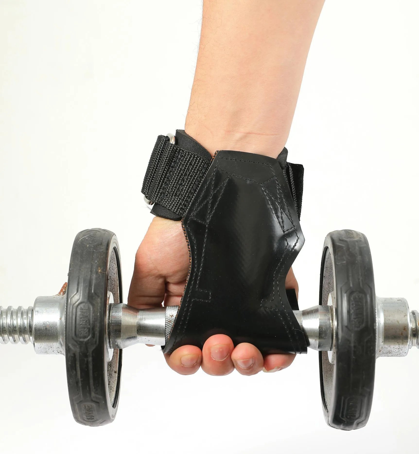 A pair of black rubber booster hoses for weightlifting grip and palm protection.