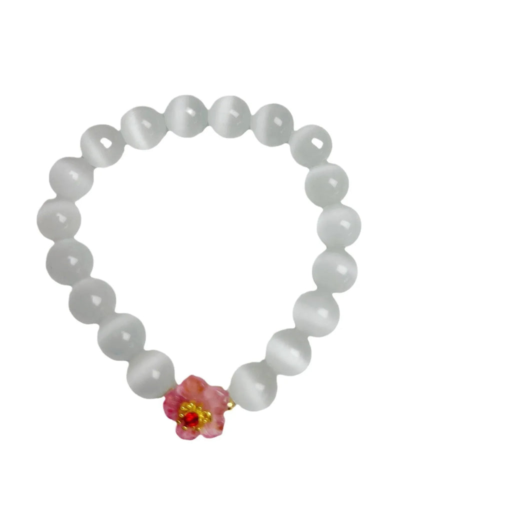 Handmade glass bracelet with floral beads in yellow, pink, white or green colour options