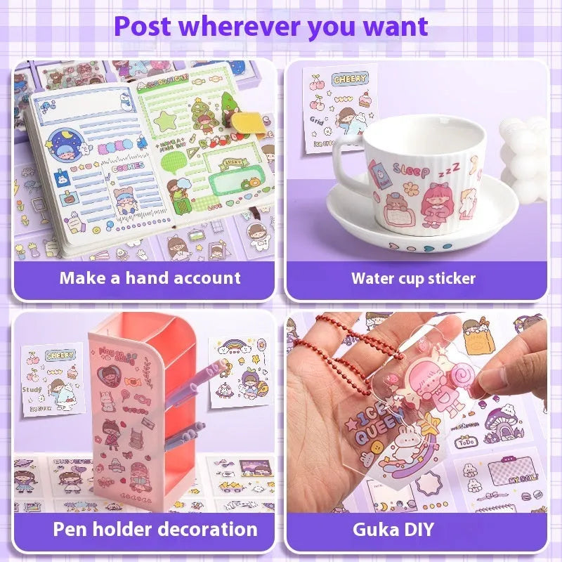 Box of children's stickers showing five cute designs including Meatball Cute Everyday and Peach Tea Party.