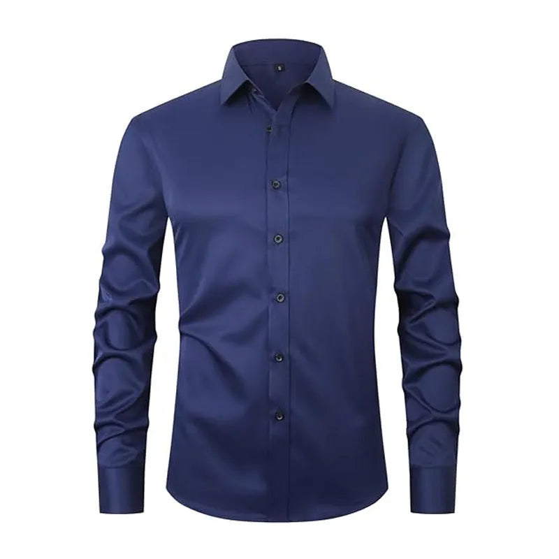 Men's solid colour stretch long sleeve work shirt made from polyester fabric on a hanger.