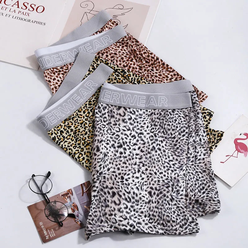 Men's leopard print underwear in polyester fabric with mid-waist design for large sizes