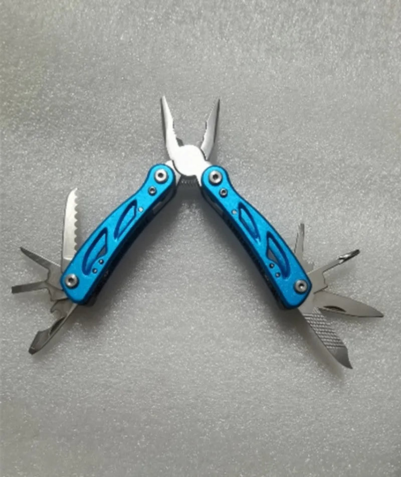 Blue stainless steel multi-function pliers and fruit knife tool folded, shown with its Oxford storage bag.