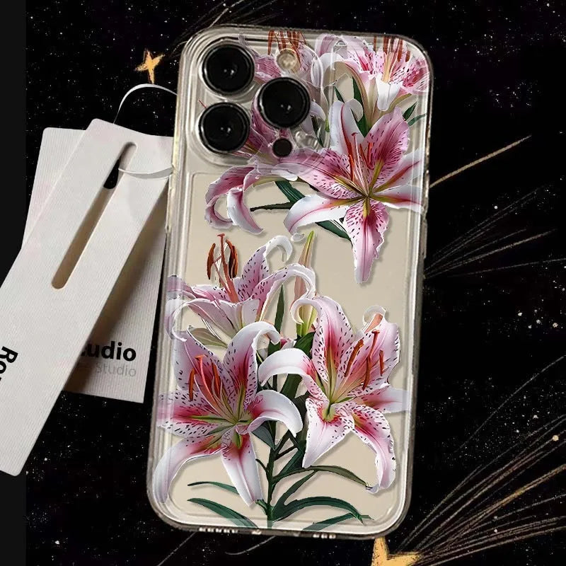 Transparent TPU phone case with embossed lily design, anti-fall back cover for iPhone models