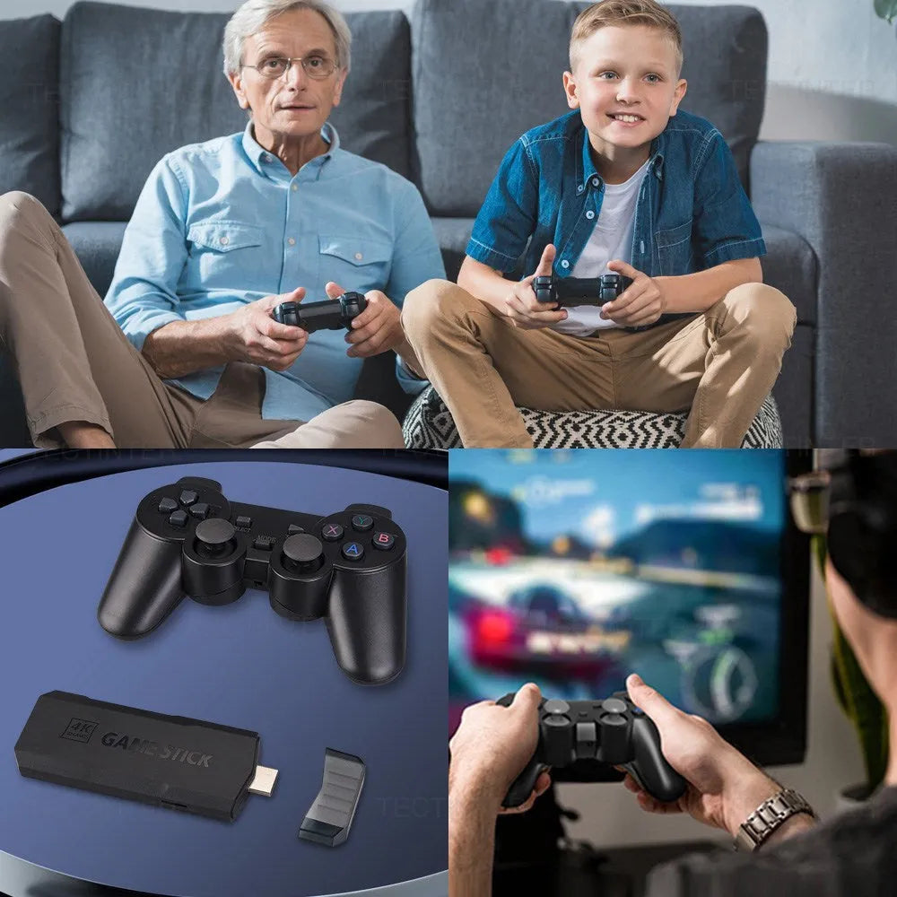 HD Home TV Game Console with wireless handle on a table next to a television, showing HDMI cable connection.
