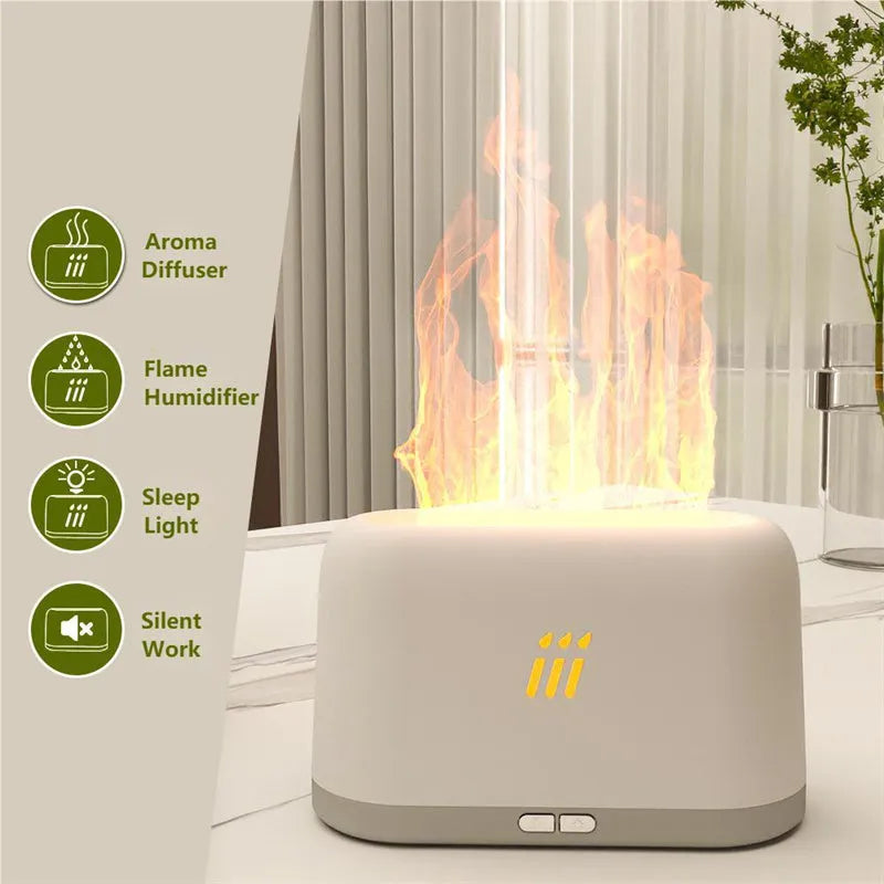Black round ultrasonic aroma diffuser humidifier with flame effect LED lights and remote control on a table.