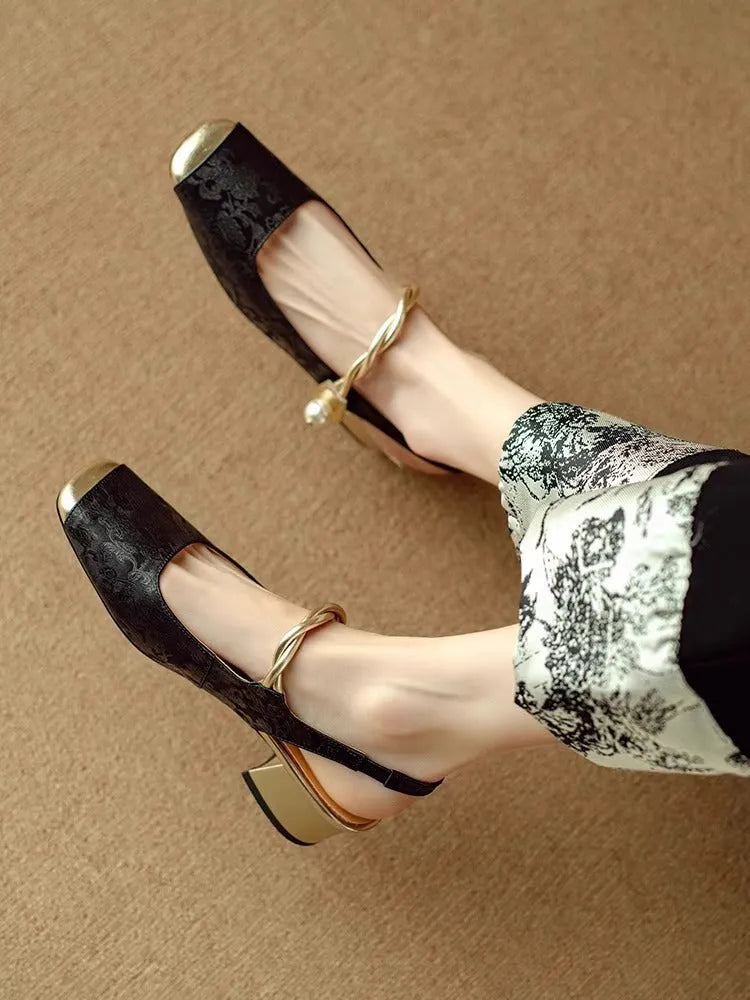 Women's closed toe satin sandals with square toe, backless fit, mid heel 3-6cm, in beige white, black or emerald green