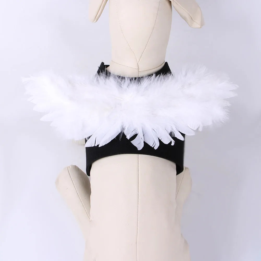 Black and white angel wings costume for dogs with chest-back attachment design