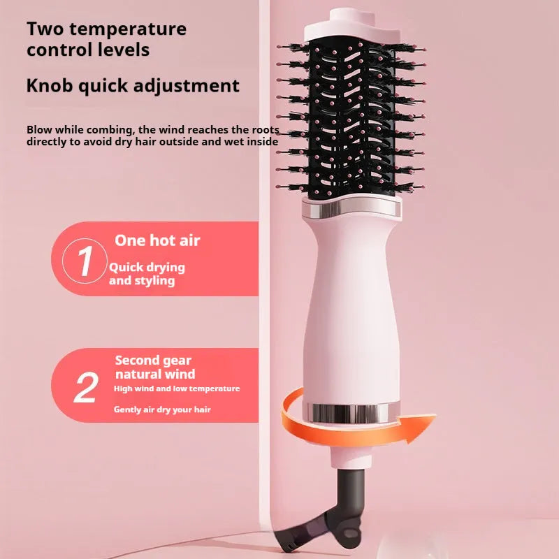 Pink multifunctional hair dryer with integrated comb and curling attachment showing constant temperature technology