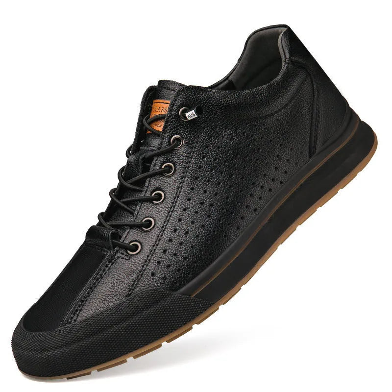 Men's round-toe casual shoes in matte leather, showing flat heel and breathable design on a white background.