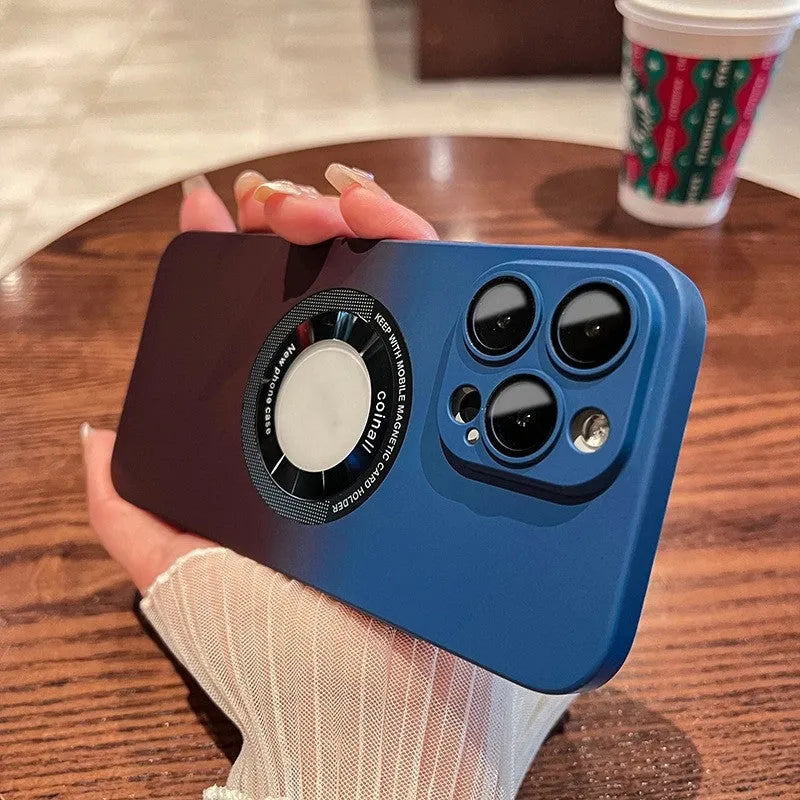 Magnetic gradient PC phone case in blue to black colour with built-in lens protector for iPhone