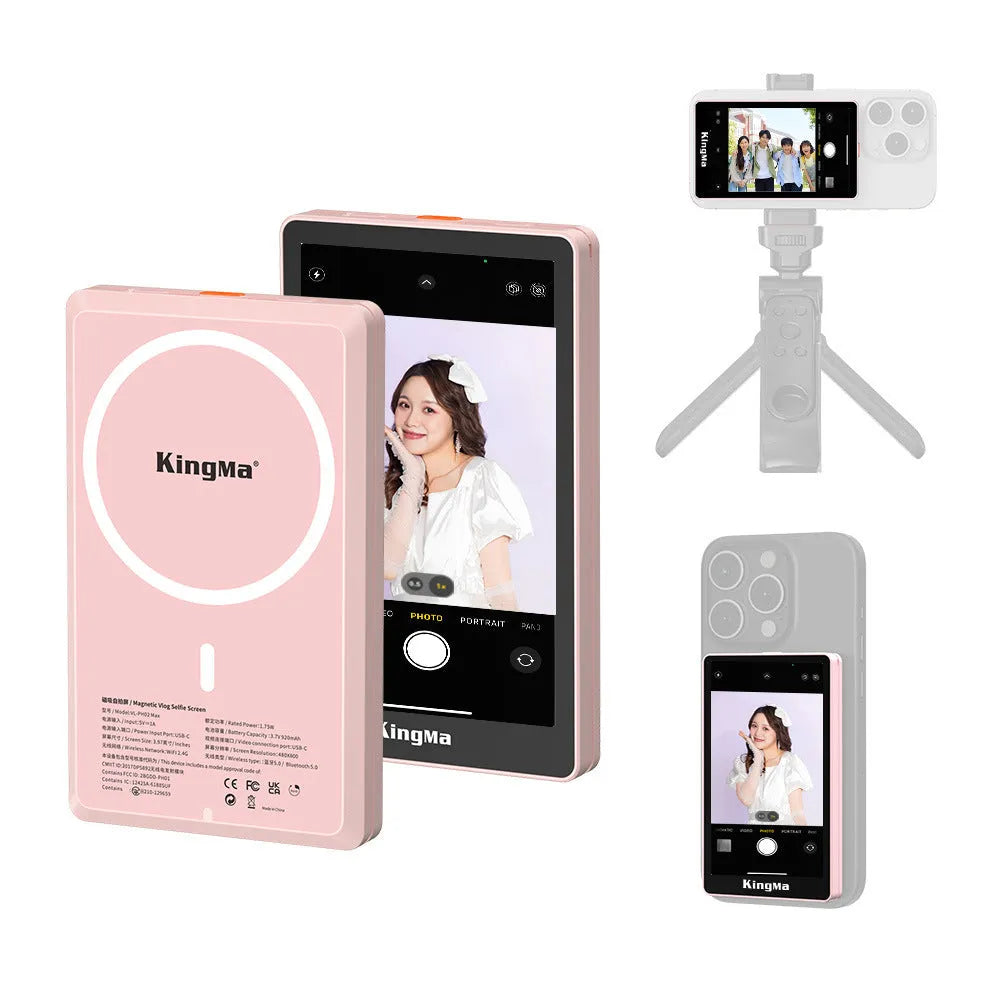 Wireless Bluetooth selfie display showing 1080p screen, available in pink and black models, lightweight 210g