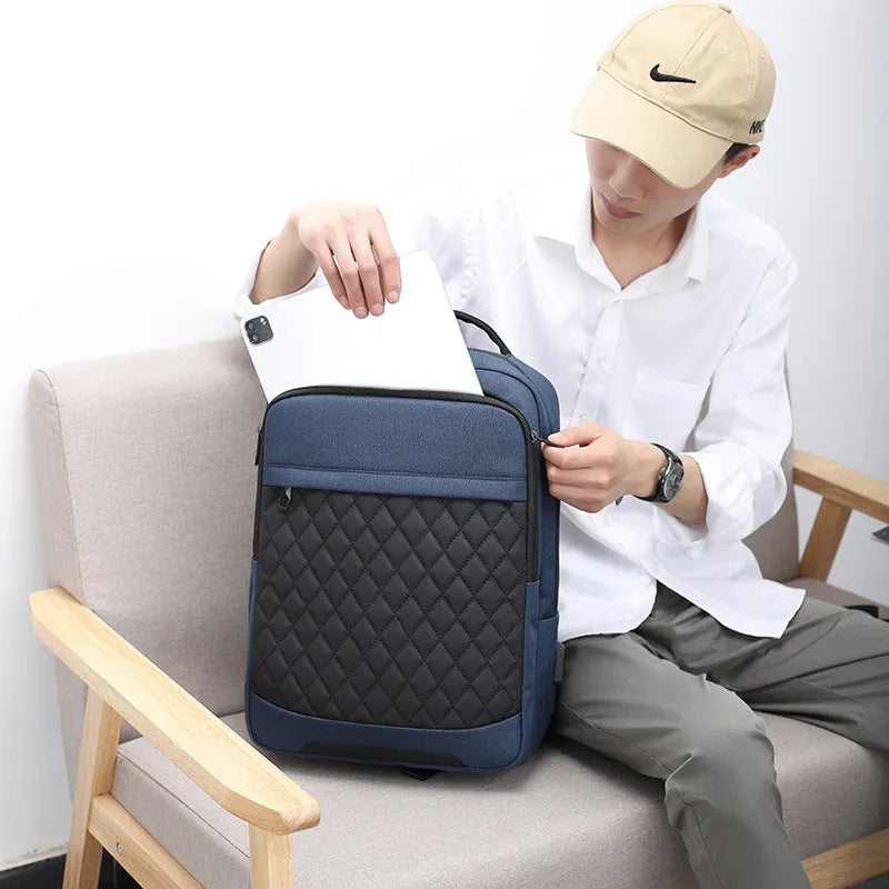 Men's black leisure travel backpack with diamond mesh detail and curved shoulder straps