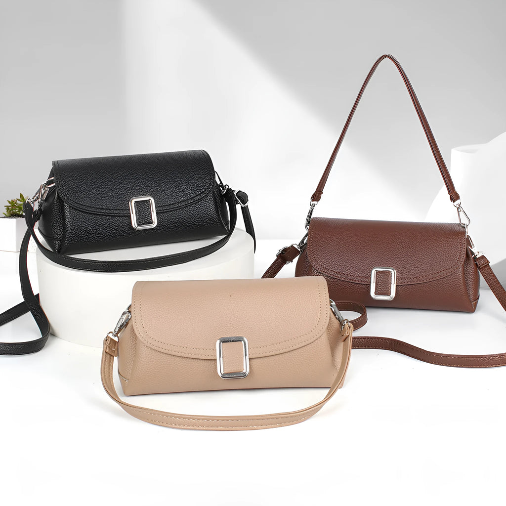 Ladies' PU shoulder handbag with crossbody strap in beige, black, coffee, khaki, purple or rubber powder colours