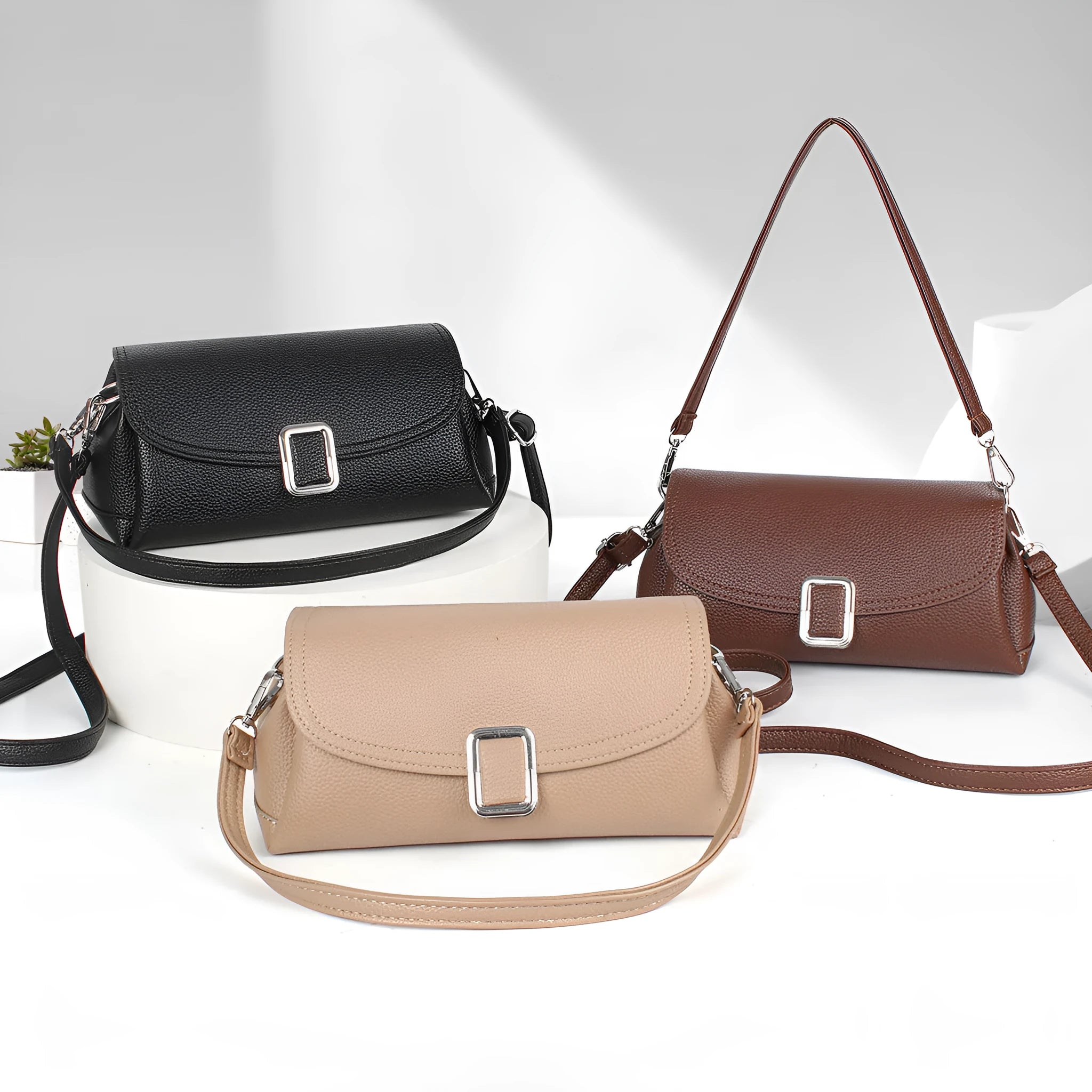Ladies' PU shoulder handbag with crossbody strap in beige, black, coffee, khaki, purple or rubber powder colours