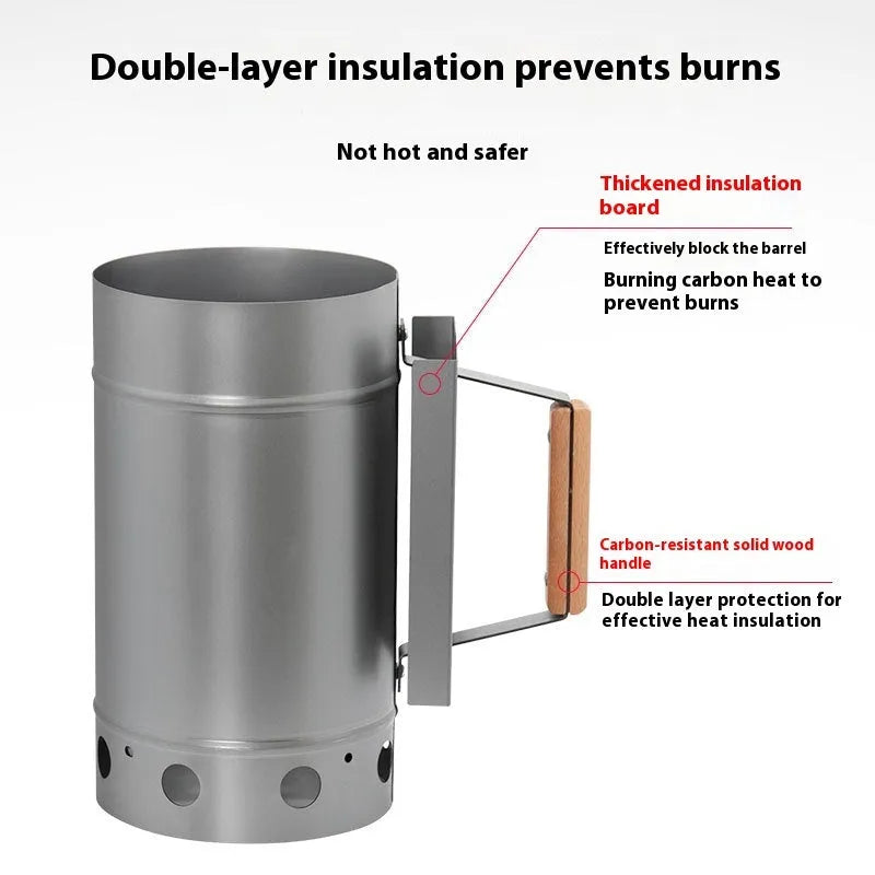 Zinc-iron alloy charcoal oven igniter with carbon barrel design for outdoor barbecues.