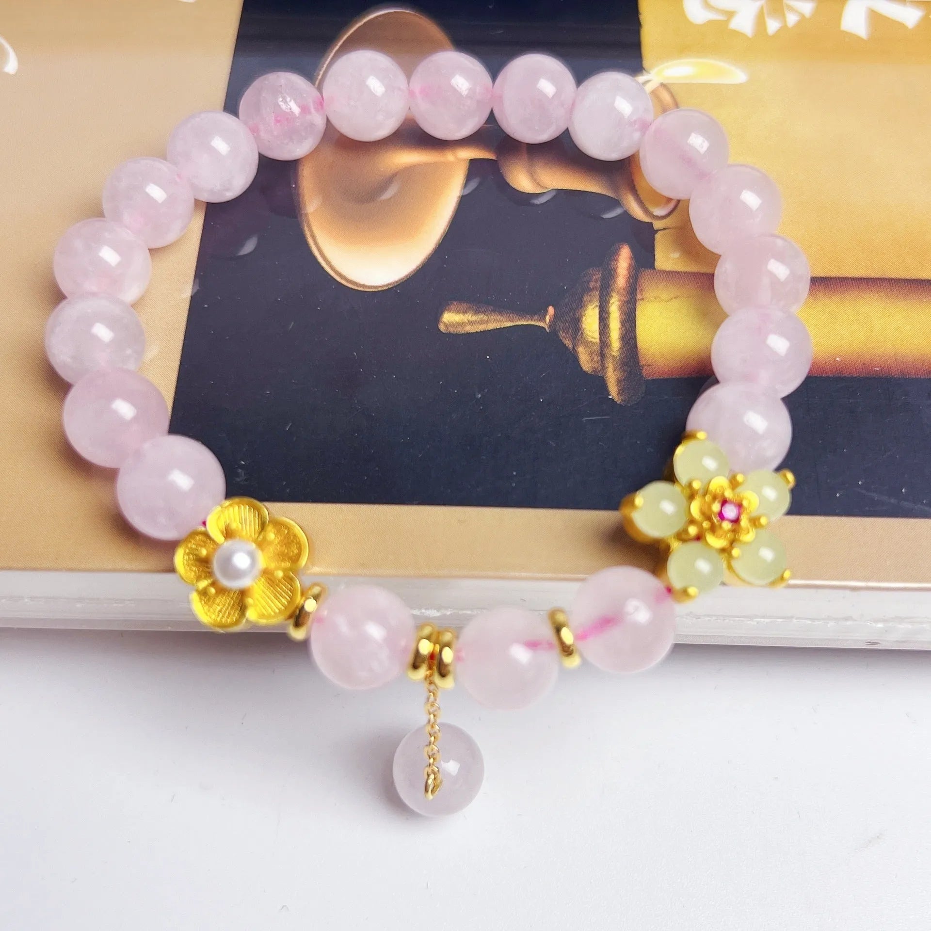 NAFU pink crystal peach blossom bracelet for women, handcrafted natural stone jewellery.