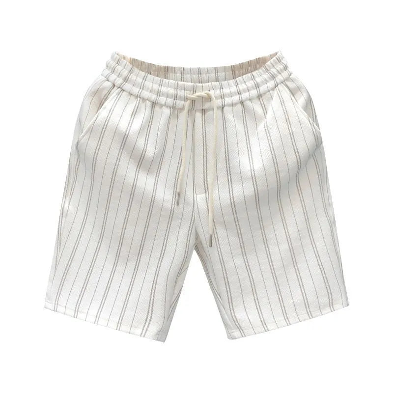 Black and white striped men's fleece-lined casual shorts with an elastic double waistband