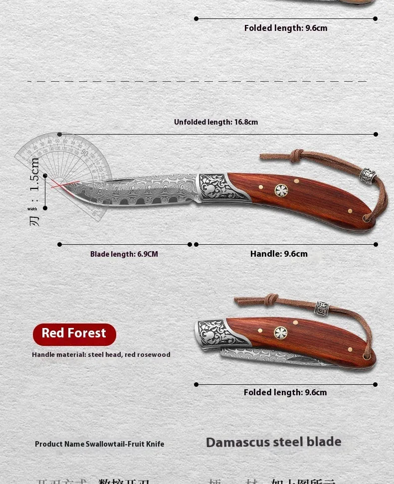 VG10 stainless steel folding portable mini outdoor knife with handmade national style craft in blue or red
