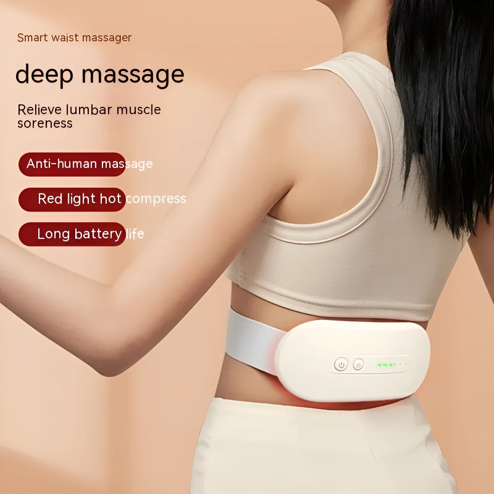 Battery-powered abdominal massager in creamy white with adapter cable and three colour options