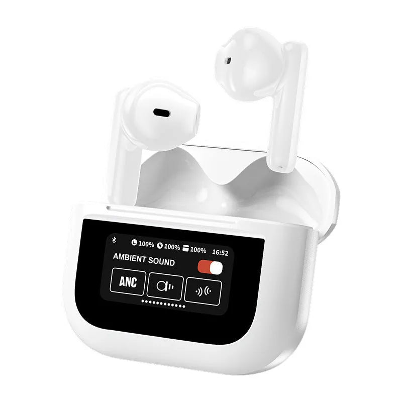 Full-colour touch screen Bluetooth earphones with ear hook design in black or white