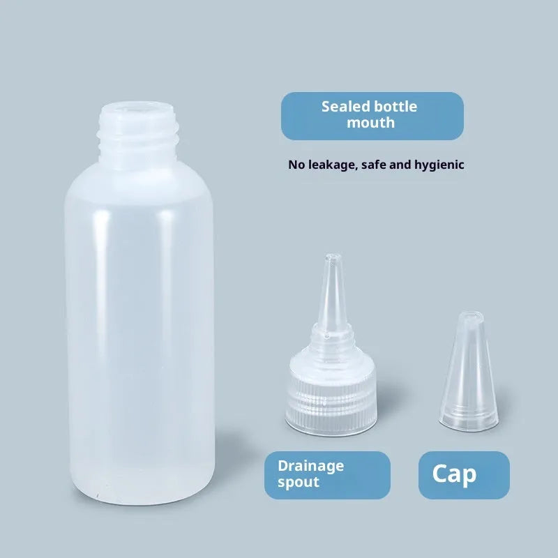 Transparent plastic dispensing bottle with narrow pourer, available in 30ml, 60ml, 100ml, and 120ml sizes.