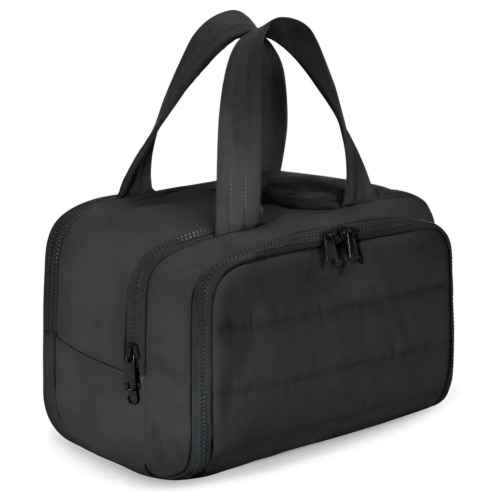 Large open travel toiletry bag in lightweight polyester, shown in a selection of colours.
