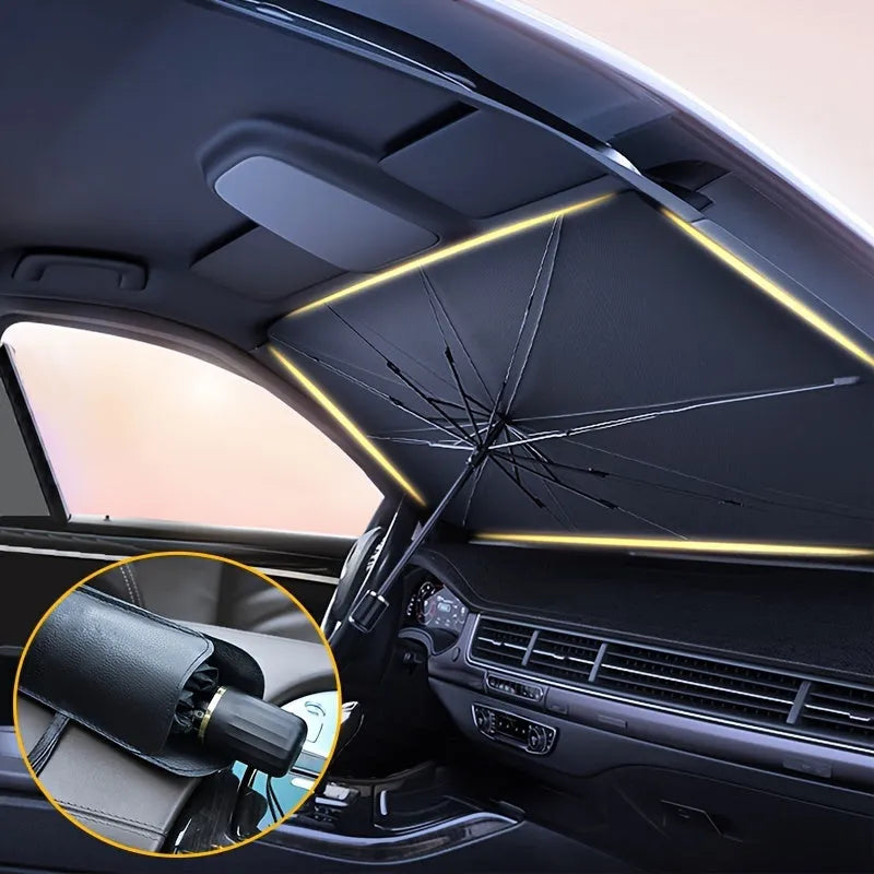 Foldable car windshield sunshade umbrella shown in open position against car windscreen