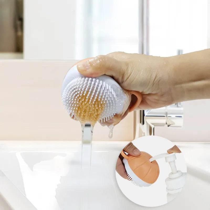 Orange silicone dog bath brush with shampoo dispenser and massage bristles for pet grooming