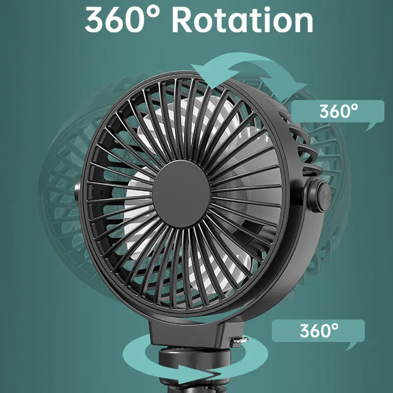 Black flexible octopus tripod clip-on fan with 3 blades and a 2000mAh battery pack.