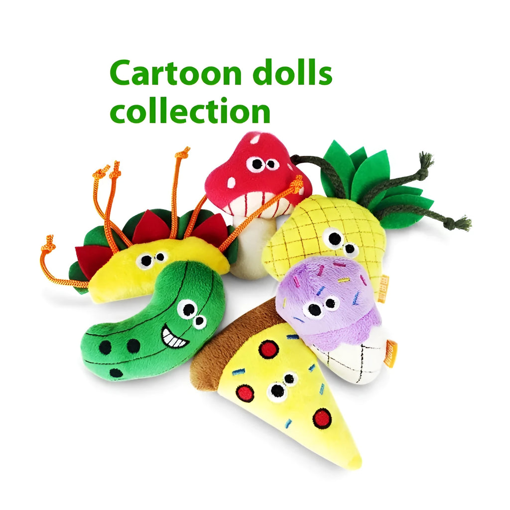 Polygonum multiflorum catnip plush toy showing six shapes: burrito, cone, cucumber, mushroom, pineapple, pizza