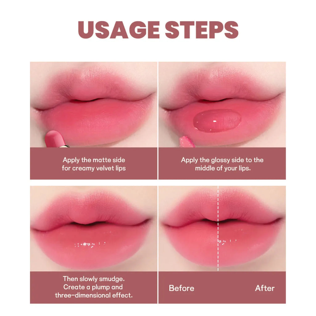 Double-headed matte lipstick showing ten colour options from 01 to 10 shades