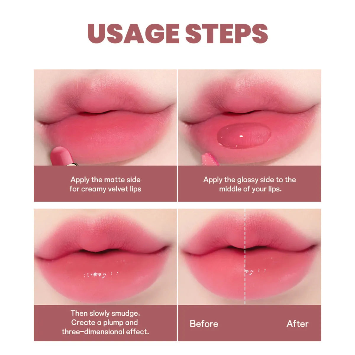 Double-headed matte lipstick showing ten colour options from 01 to 10 shades