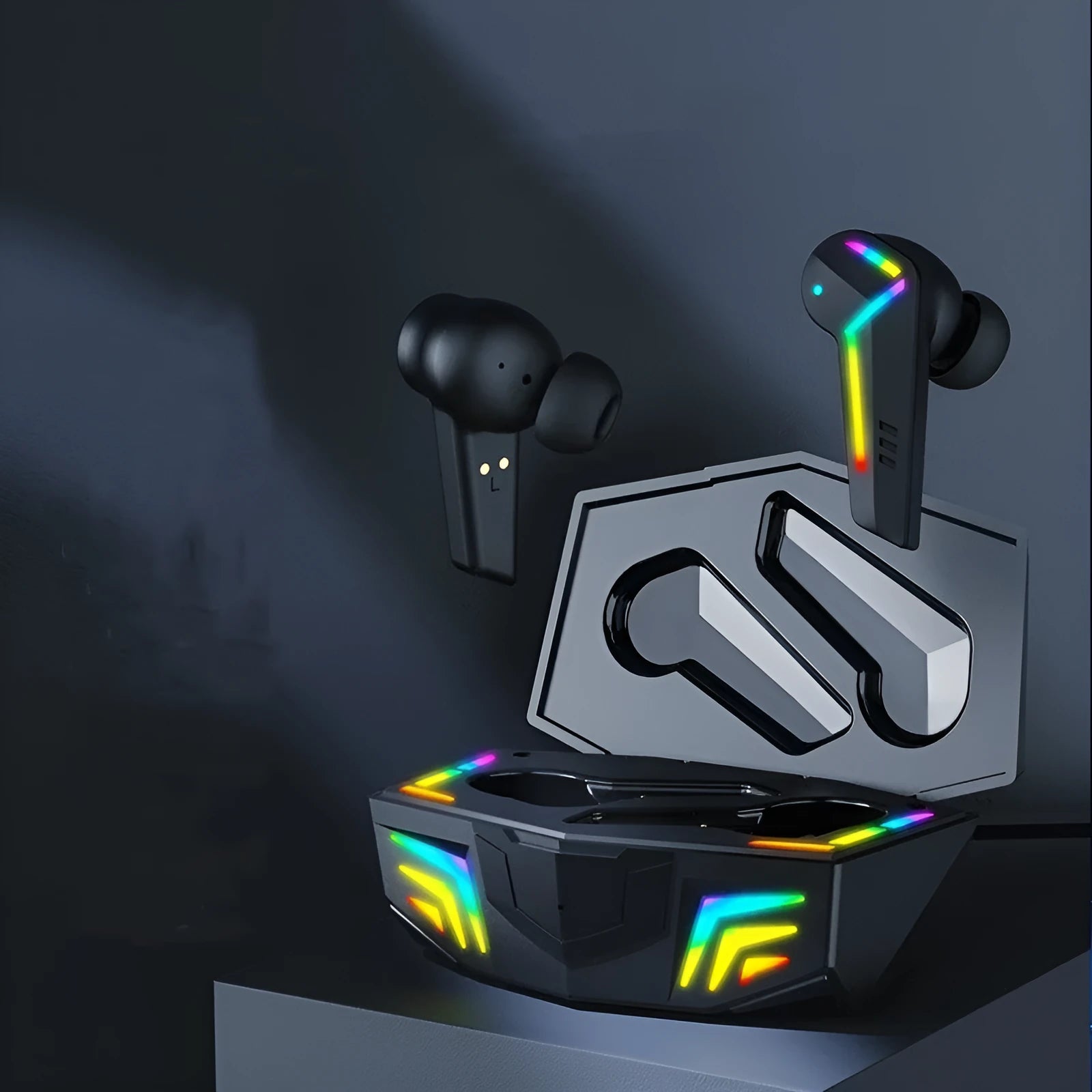 Black TWS in-ear Bluetooth sports headset with low latency for gaming.